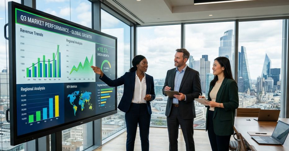 Equipo empresarial tomando decisiones basadas en datos SAP