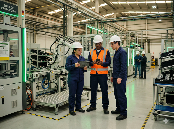 Equipo industrial usando dispositivos móviles en campo